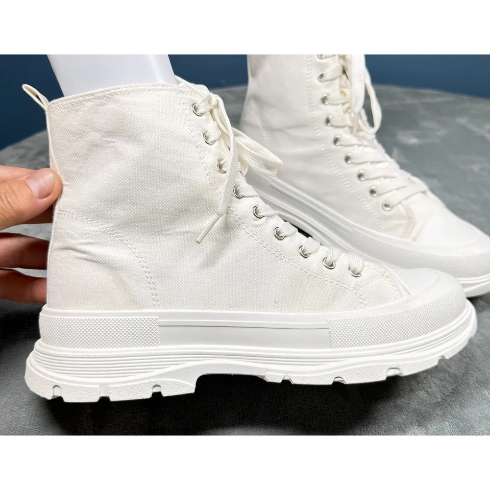Sheln Platform Sneaker Boots Womens 9 White Canvas High Top Lace Up Chunky